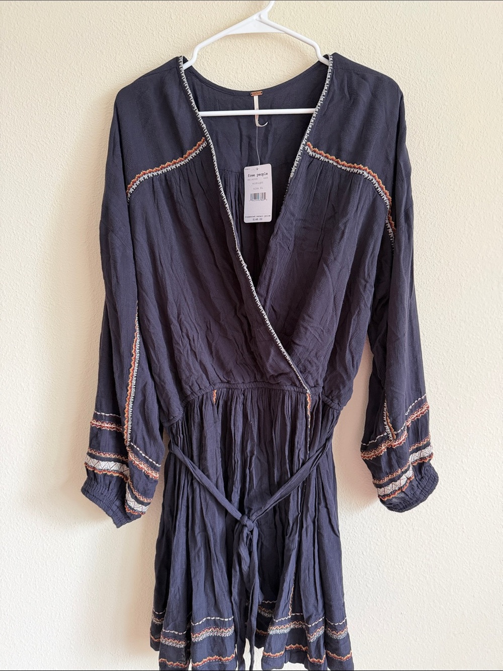 Free People Dark Navy Embroidered Long Sleeve Mini Dress